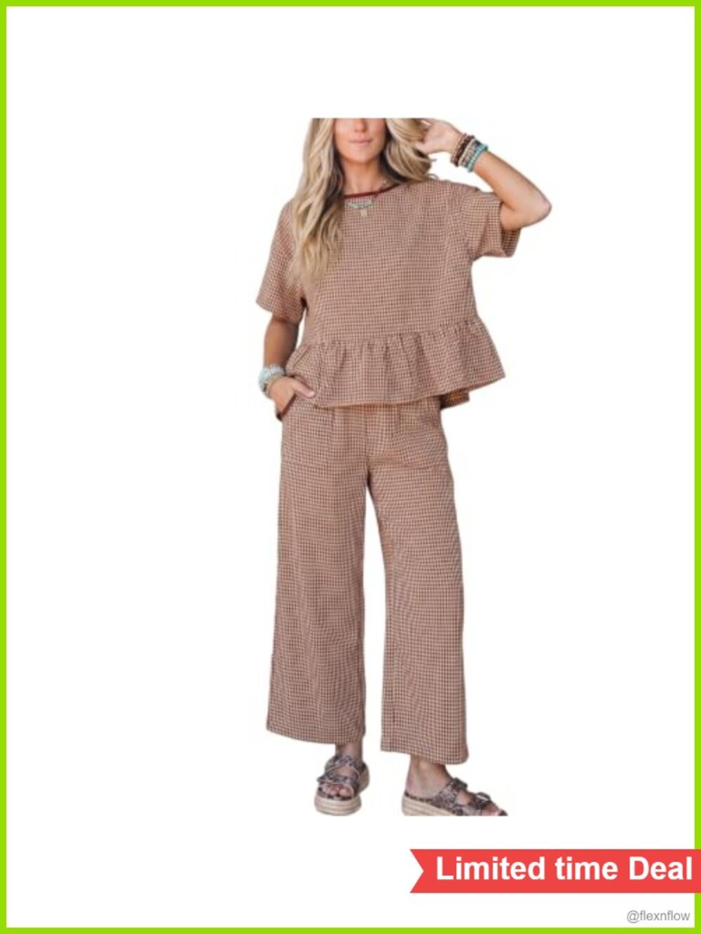 Womens Gingham 2 Piece Lounge Set Peplum Top Wide Leg Pants